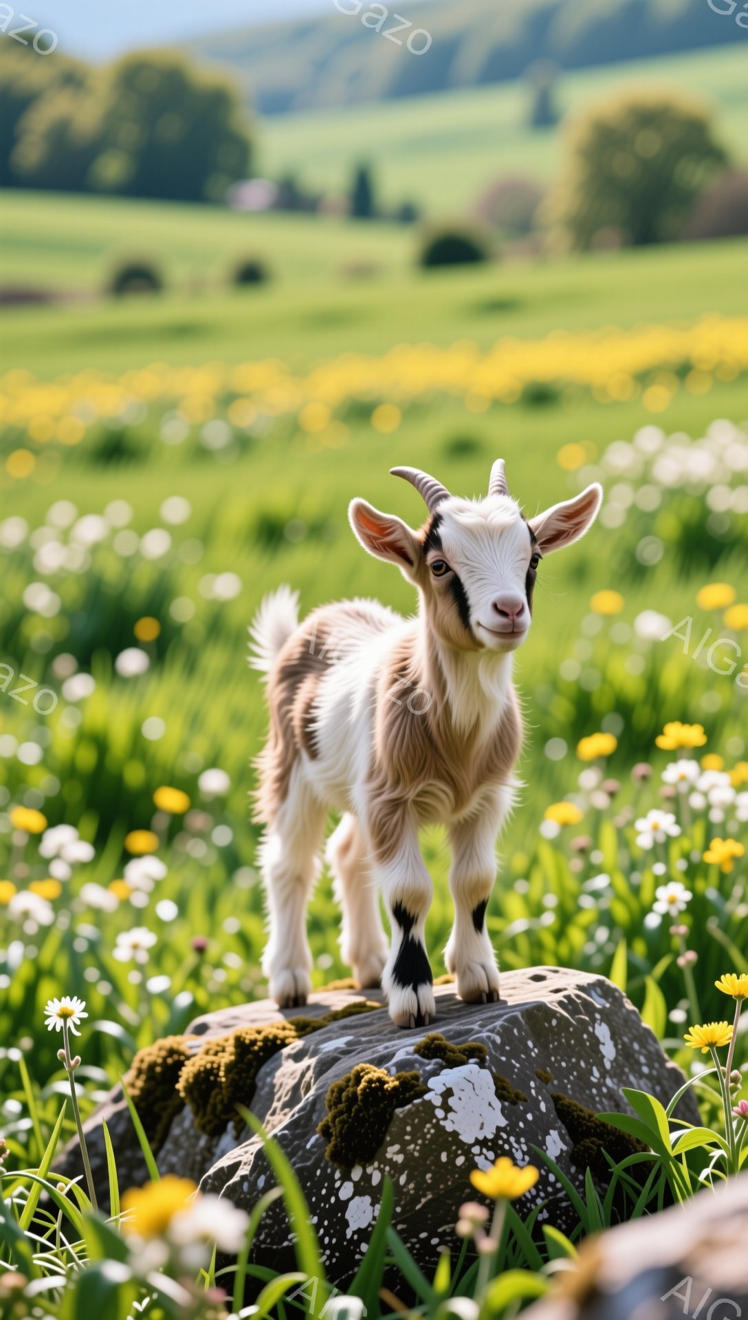 小さな山羊が苔むした岩の上に立ってこちらを見ている。周囲には黄色い花が咲き乱れ、緑豊かな牧草地が広がっている。空は晴れ、穏やかな春の日の光景だ。