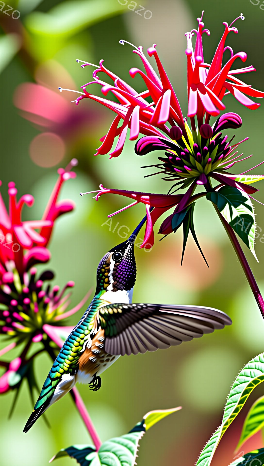 鮮やかなピンク色の花にハチドリが蜜を吸っています。緑豊かな背景とのコントラストが美しく、自然の生命力溢れる瞬間を捉えた写真です。ハチドリの羽根の模様や、花の細部まで鮮明に見えます。 - AI生成フリー素材