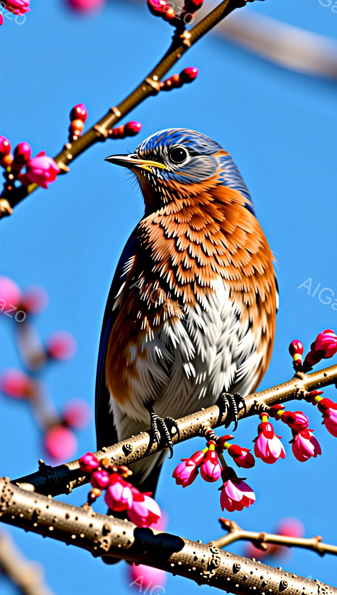 青い鳥が枝にとまっており、背景には鮮やかなピンク色の花が咲き乱れている。鳥の羽は複雑な模様で彩られ、鮮やかな青色とオレンジ色が特徴的だ。空は澄んだ青色で、春の訪れを感じさせる穏やかな雰囲気である。 - AI生成フリー素材