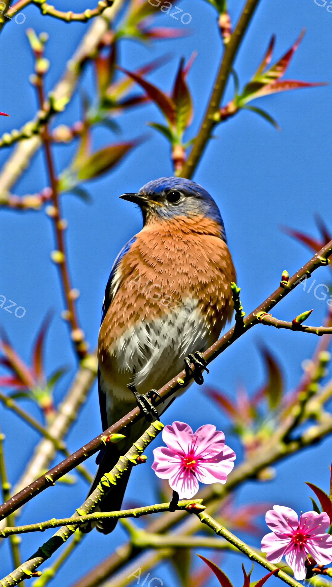 青い背景とピンク色の花枝に、鮮やかな青い鳥が止まっている。鳥は茶色と青の美しい羽を持ち、春の訪れを感じさせる暖かく明るい雰囲気である。花びらは柔らかく、鳥とのコントラストが美しい。 - AI生成フリー素材