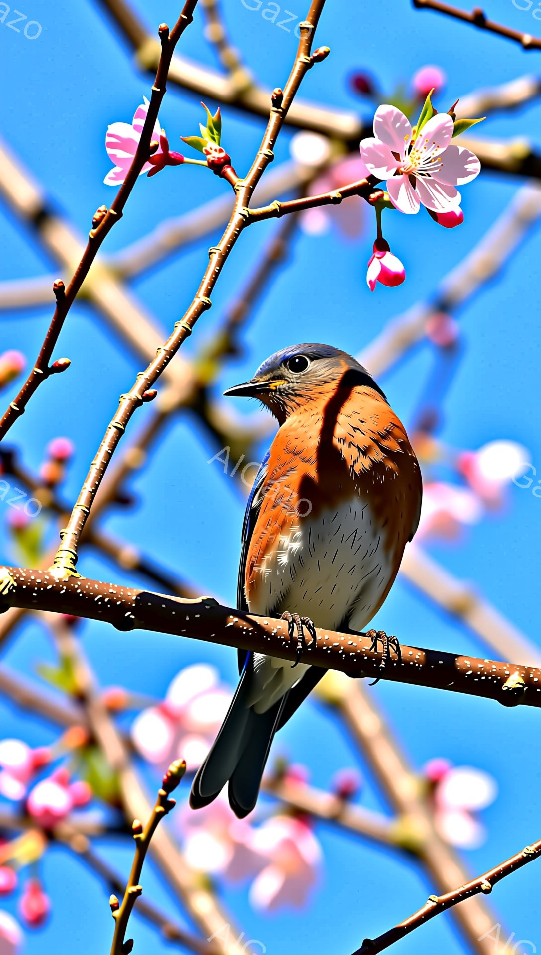 青空を背景に、桜の枝にとまるジョウビタキの姿が印象的です。鮮やかなオレンジ色の胸と背中が春の訪れを感じさせ、新緑とピンク色の桜が美しいコントラストを生み出しています。枝の上で静かに佇み、春の穏やかな時 - AI生成フリー素材