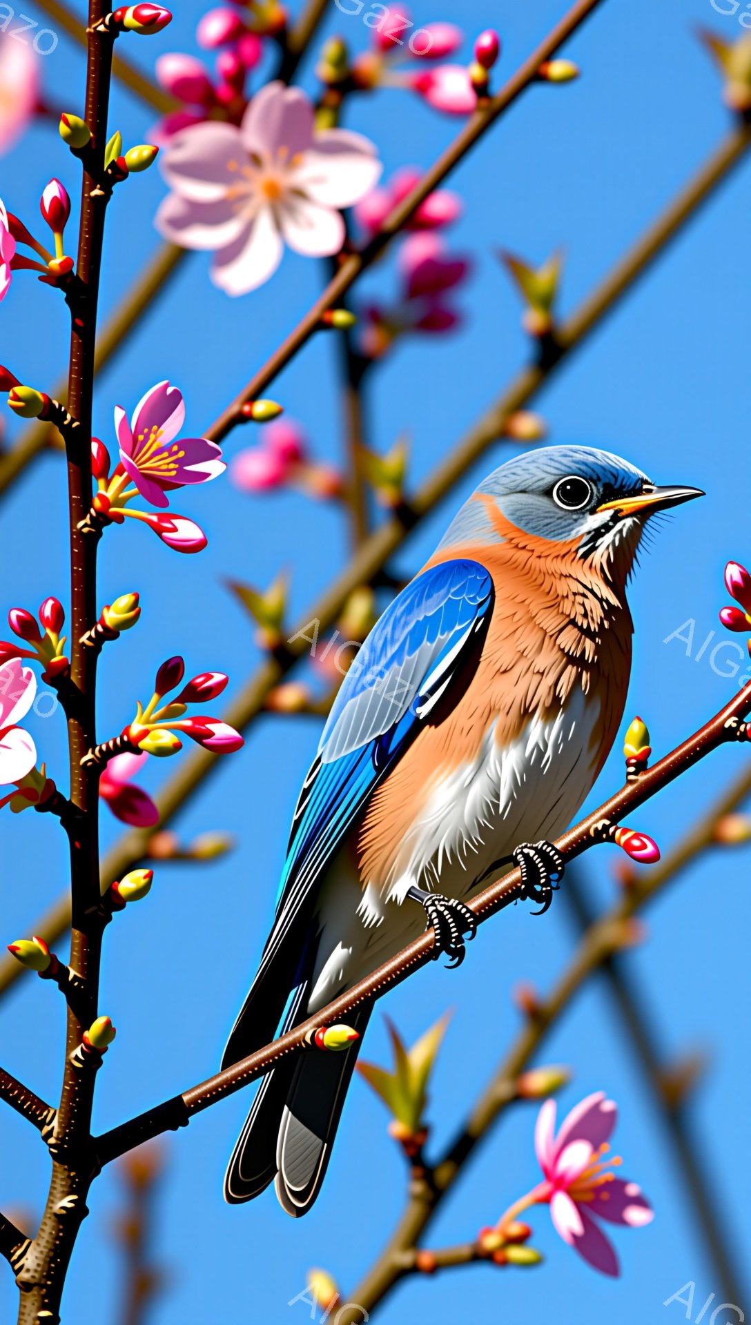 鮮やかな青い鳥が、桜の枝にとまって羽を休めています。空は晴れ渡り、春の訪れを感じさせる明るい雰囲気です。周りにはピンク色の桜の花が咲き誇り、鳥の美しい青い羽色を一層引き立てています。 - AI生成フリー素材