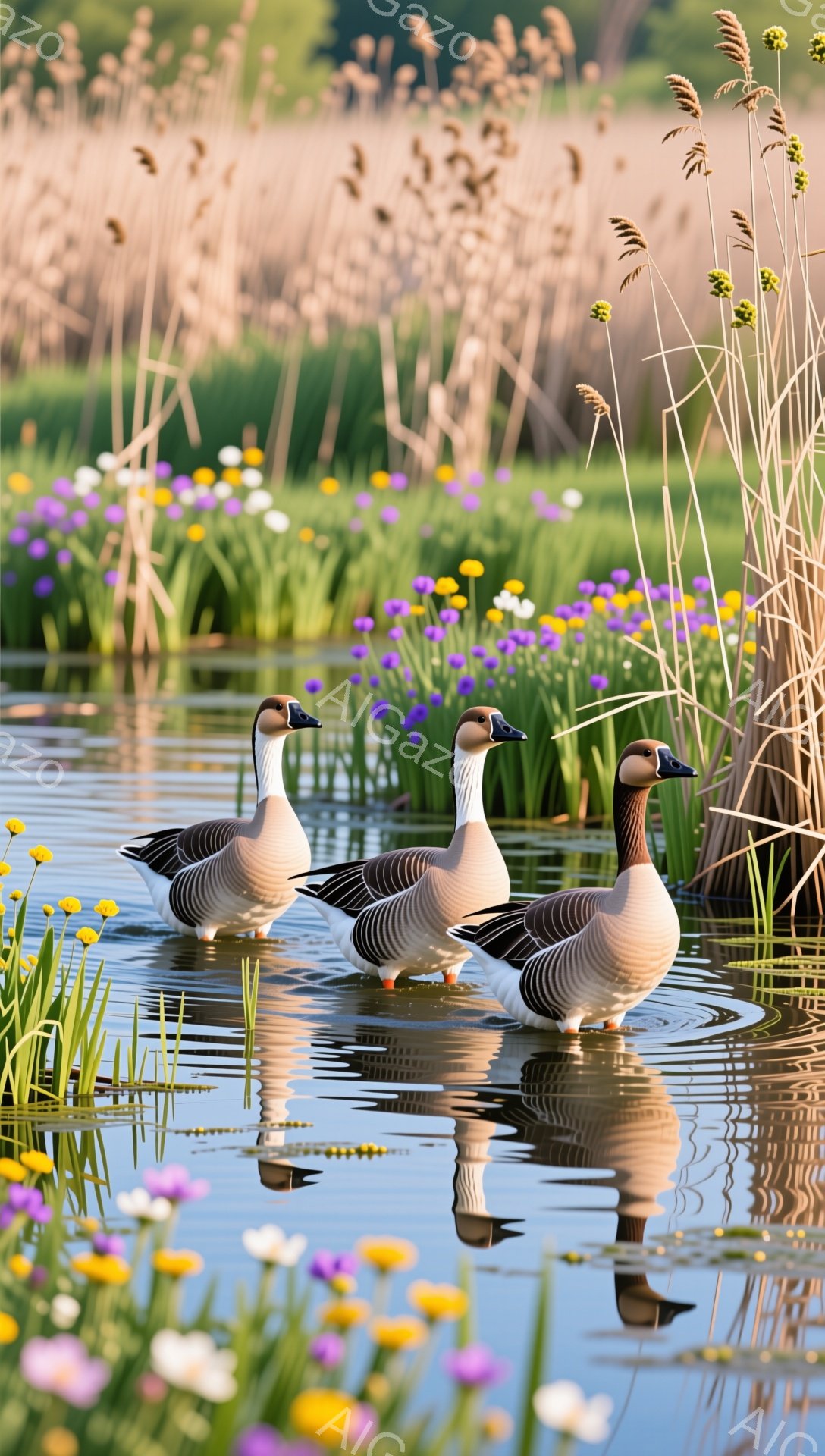 穏やかな水面に３羽の鳥が浮かんでいます。周囲には黄色と紫の野花が咲き乱れ、水面にはその姿が映り込んでいます。静かで平和な、夏の日の光景です。 - AI生成フリー素材
