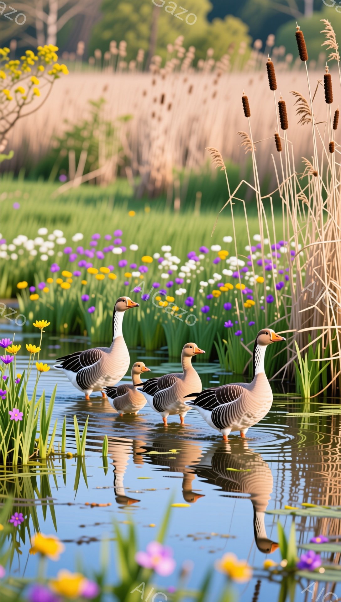 広大な湿地帯を３羽のグースが泳いでいる。鮮やかな紫と黄色の花々が咲き乱れ、水面にその姿を映し出している。穏やかな光と自然豊かな風景が安らぎを与える。 - AI生成フリー素材