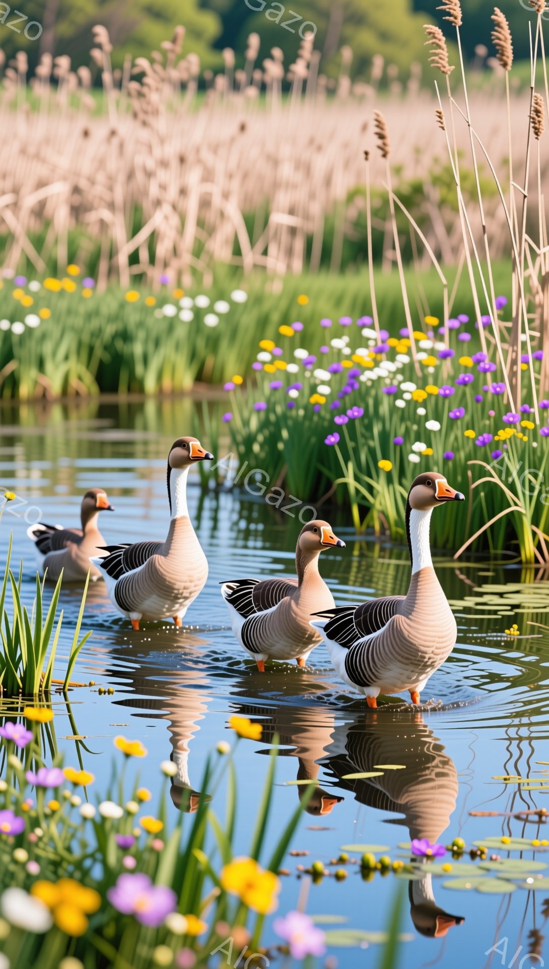 穏やかな水面に、複数の鳥が浮かんでいます。鮮やかな野花が水辺を彩り、緑豊かな背景が広がっています。水面に映る鳥たちの姿が、静かで平和な雰囲気を醸し出しています。 - AI生成フリー素材
