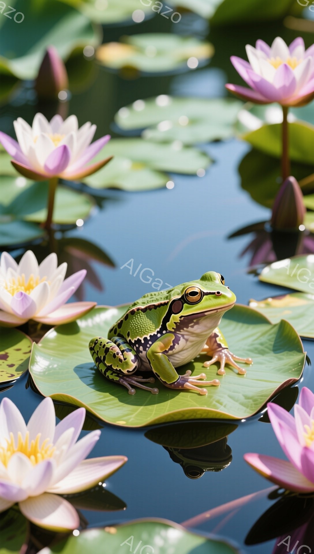 緑色のカエルが大きなスイレンの葉の上に座っています。周囲にはピンク色の蓮の花が咲き、水面に反射して美しい光景を作り出しています。穏やかな雰囲気で、自然の静けさが感じられます。