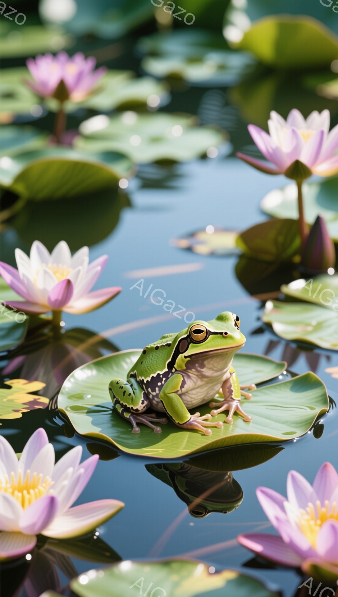 緑色のカエルが水蓮の葉の上に座っています。周りにはピンク色の蓮の花が咲き乱れ、穏やかな水面が広がっています。水面に反射する光が、幻想的な雰囲気を醸し出しています。