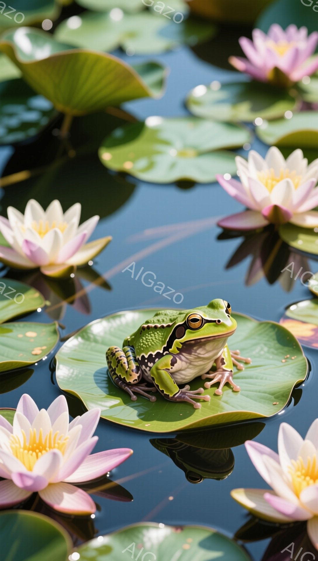 緑色のカエルが水の上に浮かぶ大きな睡蓮の葉の上に座っています。周囲にはピンク色の蓮の花が咲き、水面にはその反射が見られます。穏やかで平和な雰囲気の自然の風景です。