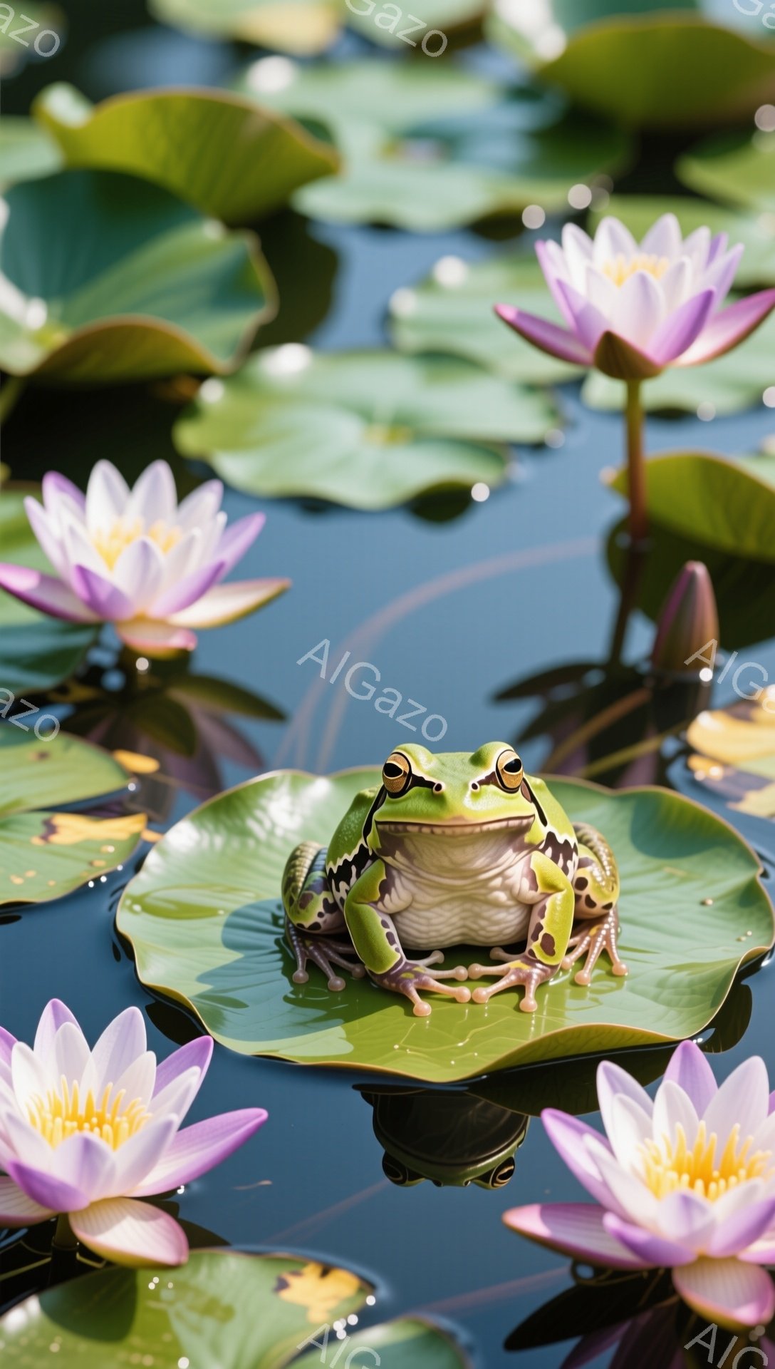 鮮やかな緑色のカエルが、大きなスイレンの葉の上に座ってリラックスしています。周囲にはピンク色の美しい蓮の花が咲き、水面には穏やかな波紋が広がっています。静かで平和な雰囲気の自然の風景です。