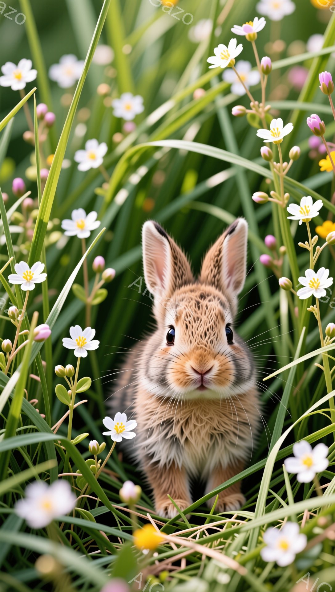 緑の草と白い花に囲まれた小さな子ウサギがこちらを見つめている。ウサギは茶色と白の毛並みで、つぶらな瞳が愛らしい。春らしい穏やかな雰囲気の画像である。 - AI生成フリー素材