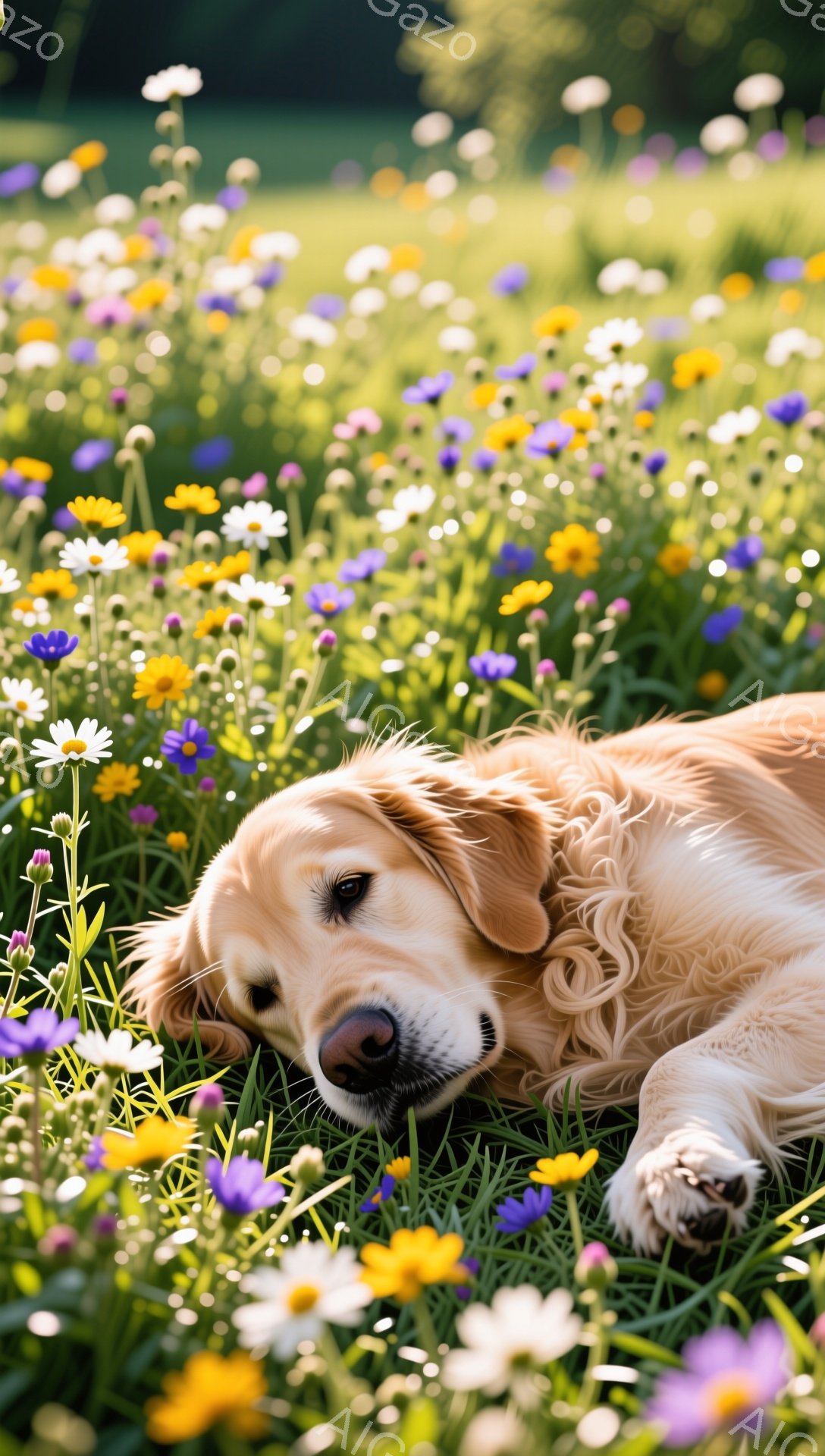 明るい日差しの下、花畑の中でゴールデンレトリバーが横たわっています。優しい表情でカメラを見つめ、リラックスした様子が伝わってきます。鮮やかな花々と犬の毛並みのコントラストが美しく、平和な雰囲気が漂って - AI生成フリー素材