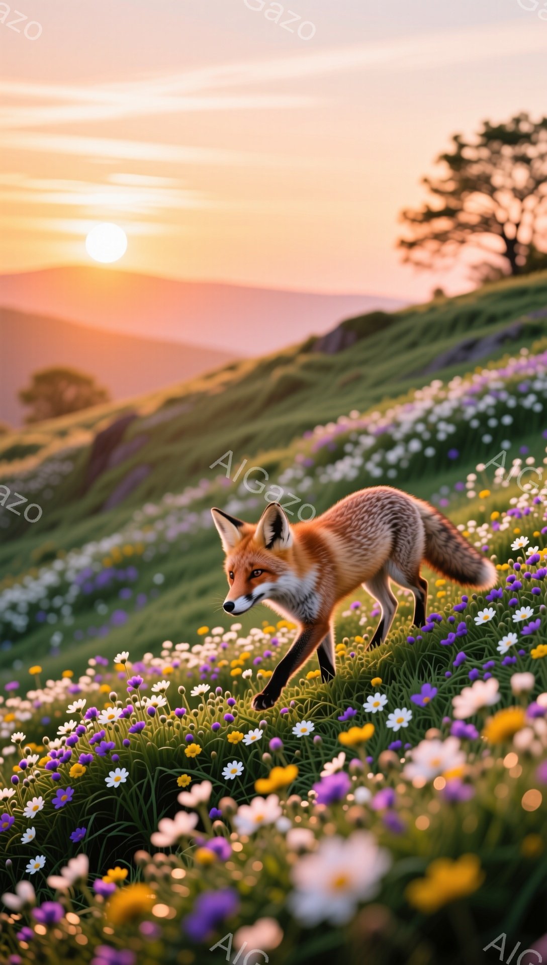 夕暮れ時の花畑を、一匹のキツネが歩いている。太陽が沈み、空はオレンジと紫の色合いで染められ、幻想的な雰囲気を醸し出している。キツネは花の間を優雅に歩き、自然と調和した姿が印象的だ。 - AI生成フリー素材