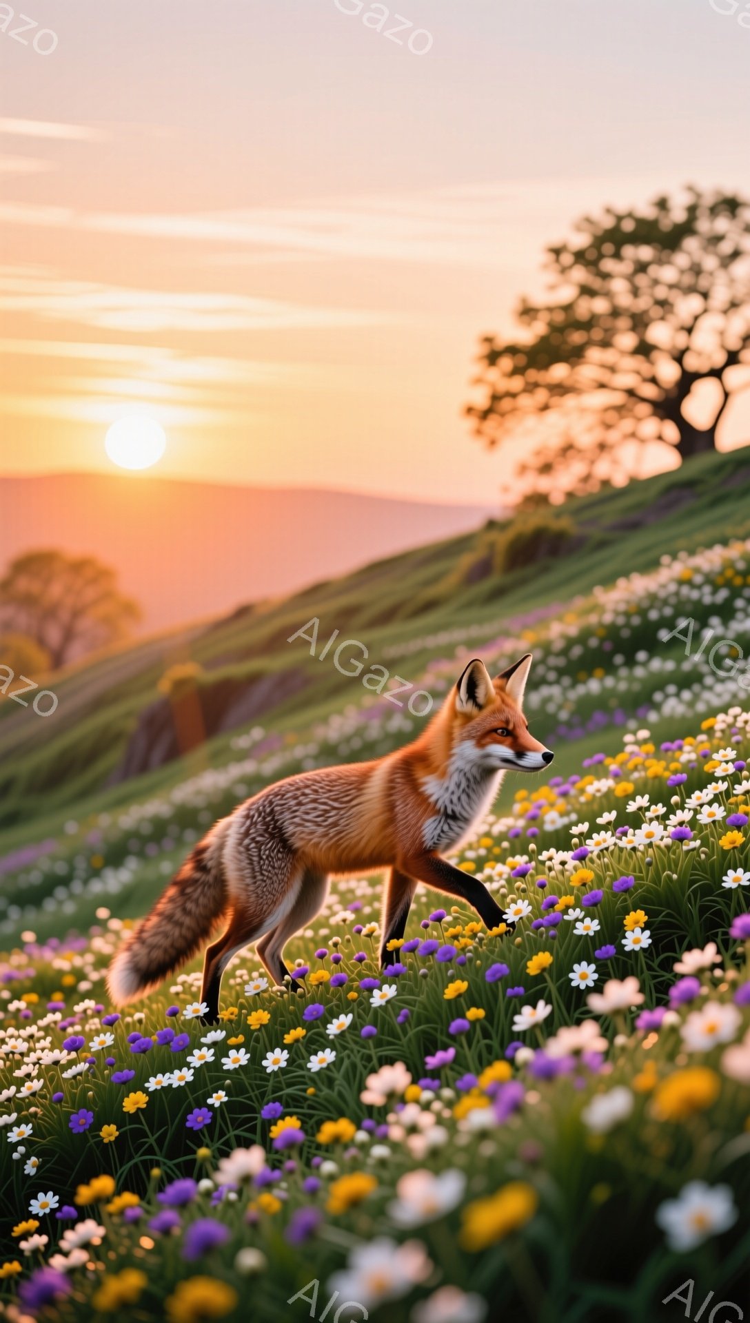 夕暮れ時の花畑を駆け抜けるキツネが描かれている。オレンジ色の毛並みと鮮やかな花々が対照的で、暖かく穏やかな雰囲気を醸し出している。背景には木々と輝く夕日が広がり、幻想的な風景を作り出している。 - AI生成フリー素材