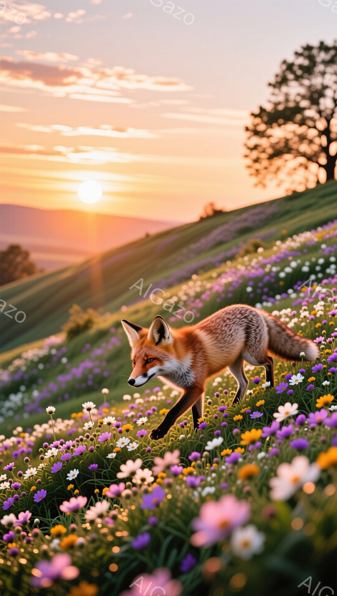 鮮やかな花畑を駆け抜けるキツネが描かれている。夕焼け空の下、オレンジ色に染まった毛並みが美しく、躍動感あふれる姿が印象的だ。花々が咲き乱れる背景と、穏やかな雰囲気が相まって、自然の美しさを感じさせる。 - AI生成フリー素材