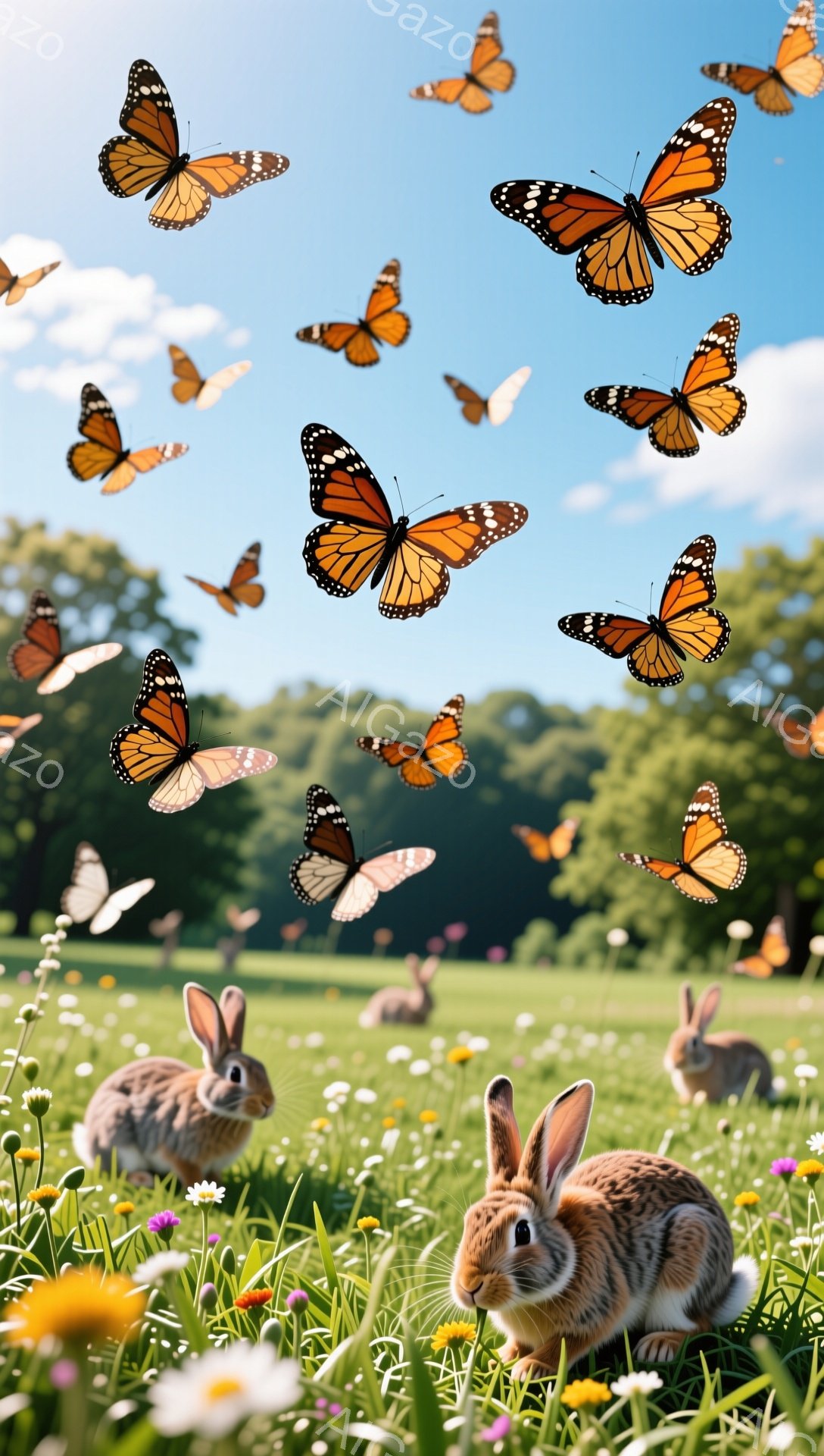 緑豊かな草原にオレンジ色の蝶が舞い、可愛らしいウサギたちが草むらの中に佇んでいます。太陽の光が降り注ぎ、花々が咲き乱れる、穏やかで牧歌的な風景です。ウサギたちはリラックスした様子で、平和な時間を過ごし - AI生成フリー素材
