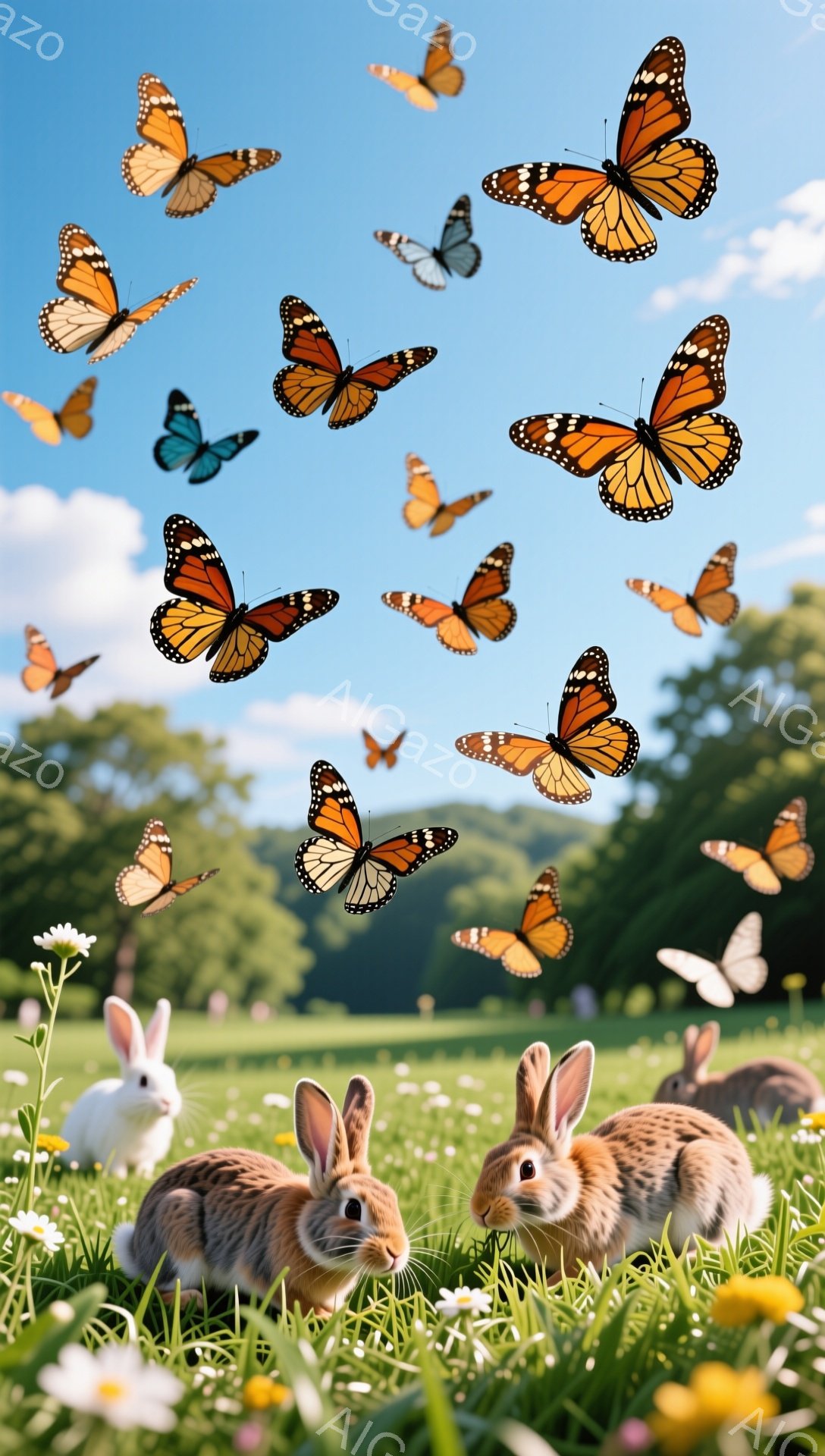 緑の草原で、複数の蝶が舞い、毛むくじゃらのウサギたちが花の間でリラックスしています。明るい日差しが降り注ぎ、穏やかで平和な雰囲気を作り出しています。ウサギたちはそれぞれ少し違った毛並みと表情を見せてお - AI生成フリー素材