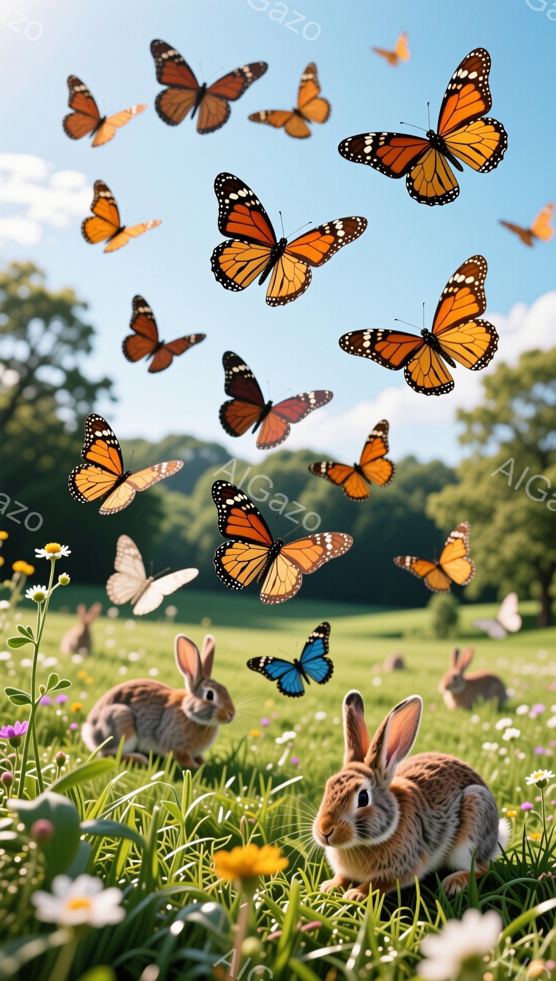 緑豊かな草原で、オレンジ色の蝶が舞い、可愛らしいウサギたちが草の間でくつろいでいます。光が差し込み、穏やかで平和な雰囲気が漂い、自然の美しさが際立っています。ウサギたちは好奇心旺盛な表情で、蝶を見つめ - AI生成フリー素材