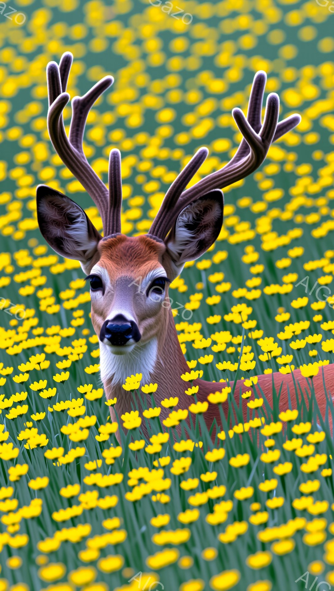 鮮やかな黄色の花畑の中に、角を持つ雄鹿が立っている。 鹿は正面を向き、穏やかで好奇心旺盛な表情をしている。背景の花々は密集しており、鹿を引き立てている。