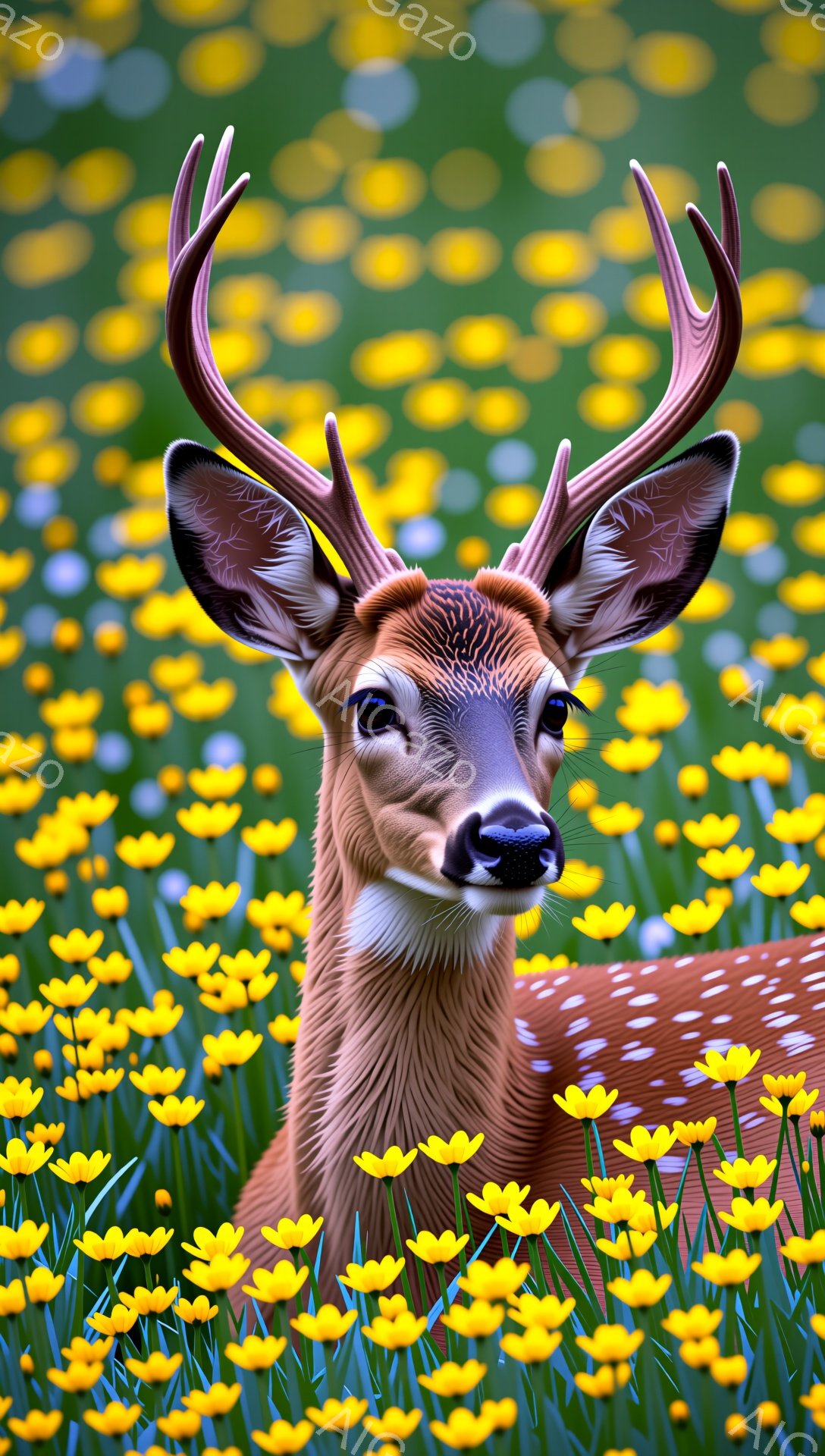 雄鹿が黄色い花畑の中で堂々と立っている。その表情は穏やかで、力強い角が印象的だ。鮮やかな背景と鹿の美しい毛並みが、自然の力強さと静けさを表現している。
