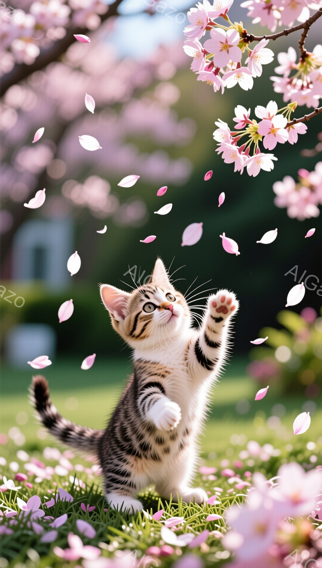 桜の木の下で、小さな縞模様の子猫が前足で桜の花びらを捕まえようとしています。緑の芝生の上に散りばめられた花びらと、柔らかい光が春らしい暖かく幸せな雰囲気を醸し出しています。子猫の好奇心旺盛な表情と活発 - AI生成フリー素材