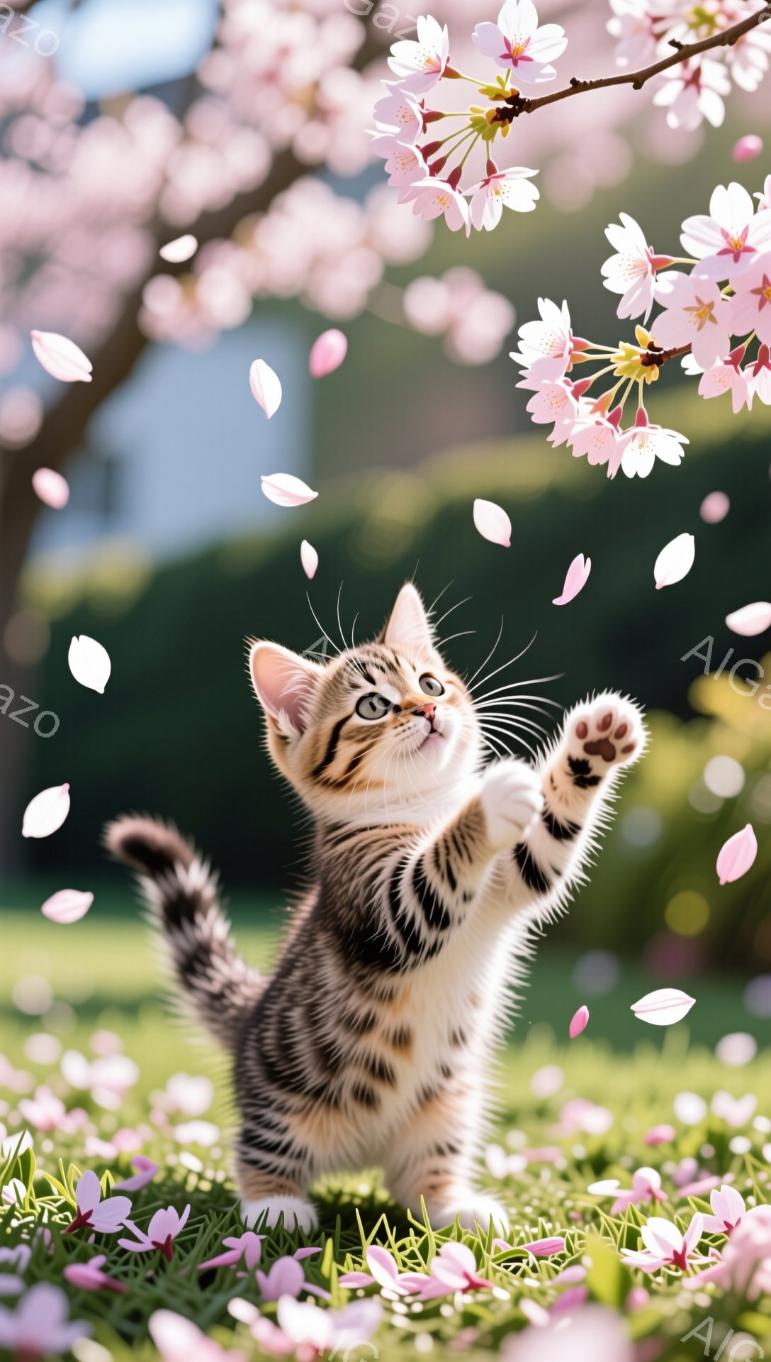 小さな子猫が桜の木の下で花びらを追いかけて遊んでいます。緑の草の上にピンク色の花びらが舞い、子猫の可愛らしい姿を際立たせています。春の暖かく穏やかな雰囲気が伝わってきます。