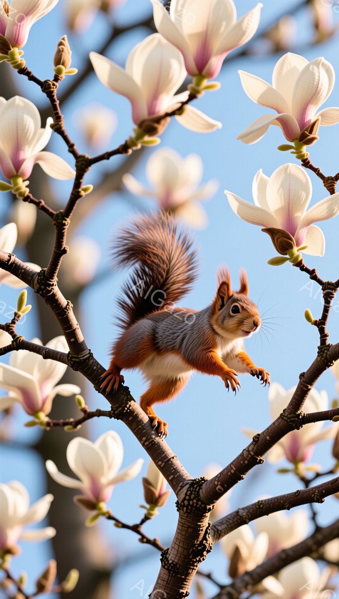 赤い毛並みのリスが、白く美しい桜の枝に身軽に飛び乗っている。空は澄んだ青空で、春の暖かさと生命力を感じさせる。桜の花びらがリスの周りに散りばめられ、美しいコントラストを作り出している。 - AI生成フリー素材