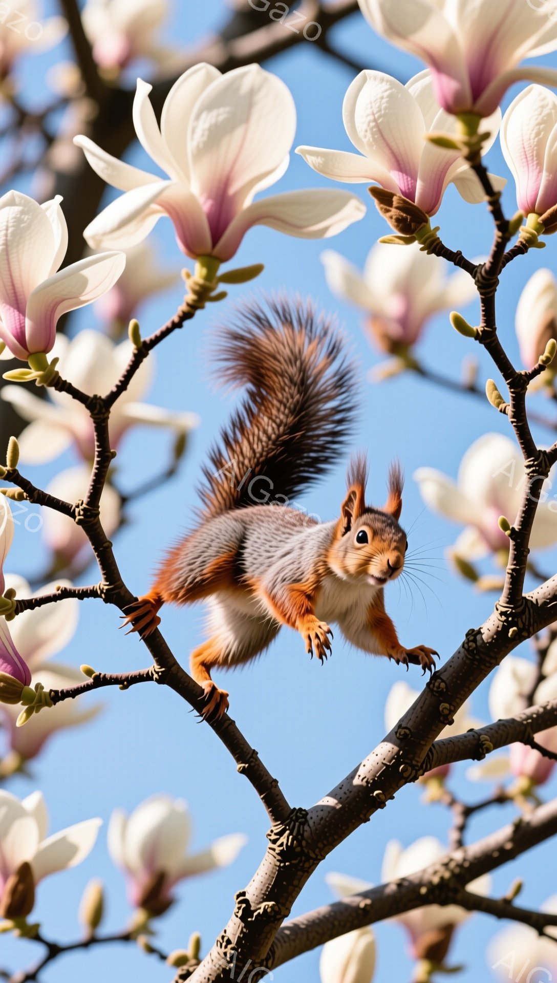 リスが桜の枝にとまってこちらを見ている。毛並みが美しく、ふっくらとした体が可愛らしい。背景には青空と淡いピンク色の桜の花びらが広がり、春の暖かな雰囲気が感じられる。 - AI生成フリー素材