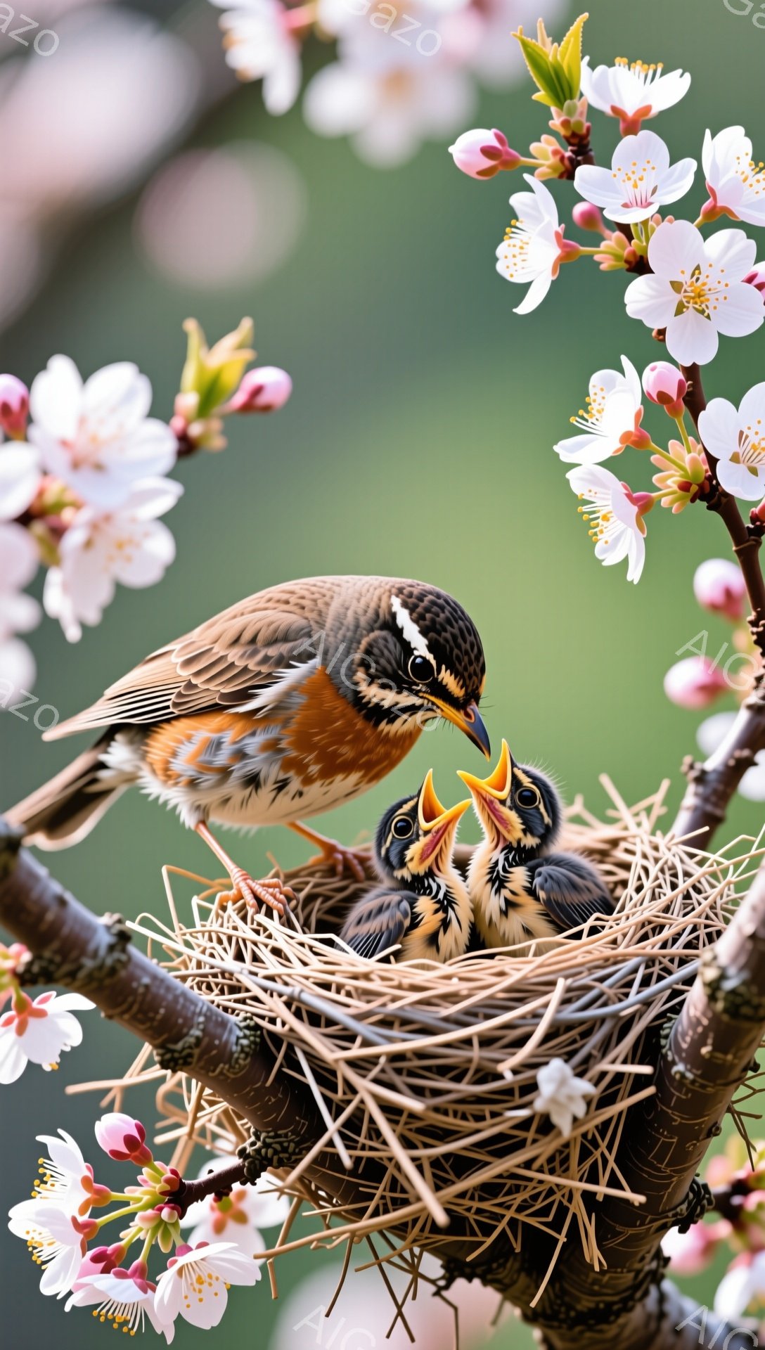 桜の木の枝に巣を作った鳥が、口を開けて餌をねだる雛鳥たちに餌を与えている。ピンク色の美しい桜の花が背景に咲き乱れ、春の穏やかで暖かい雰囲気を醸し出している。親鳥と雛鳥の愛情あふれる姿が印象的である。 - AI生成フリー素材