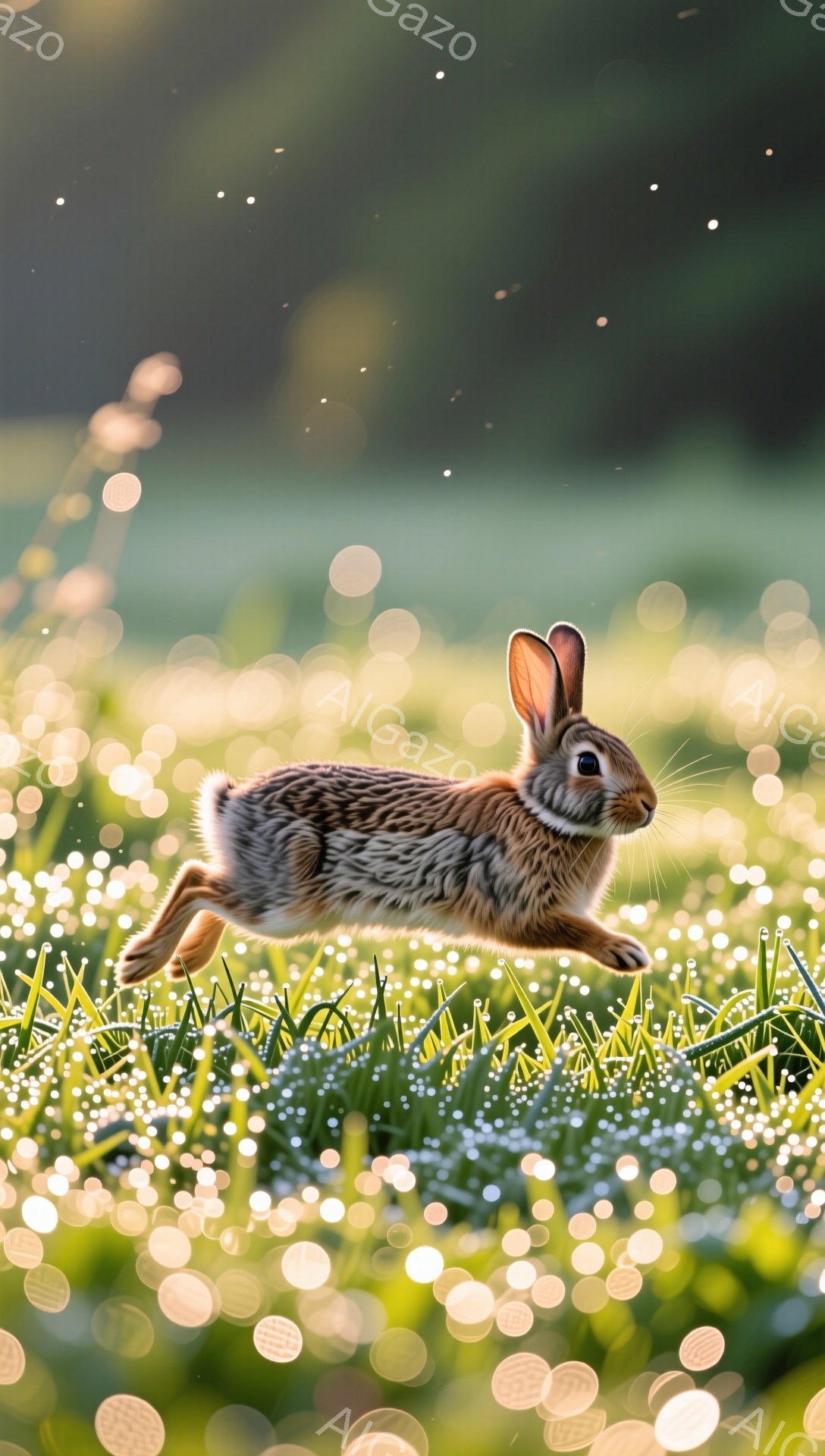 緑豊かな草の上を、一匹のウサギが躍動的に飛び跳ねています。背景にはぼやけた光の粒が散りばめられ、幻想的な雰囲気を醸し出しています。ウサギの毛並みは細かく表現され、躍動感と生命力を感じさせます。