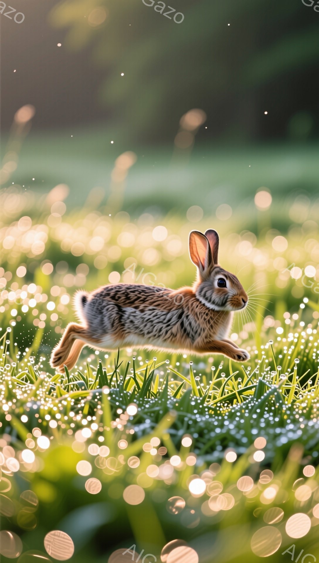 緑豊かな草原を跳ねるうさぎが描かれています。朝日や露が光を反射し、幻想的な雰囲気を醸し出しています。うさぎは活発で、自然の中で自由気ままに過ごしている様子が伝わってきます。 - AI生成フリー素材