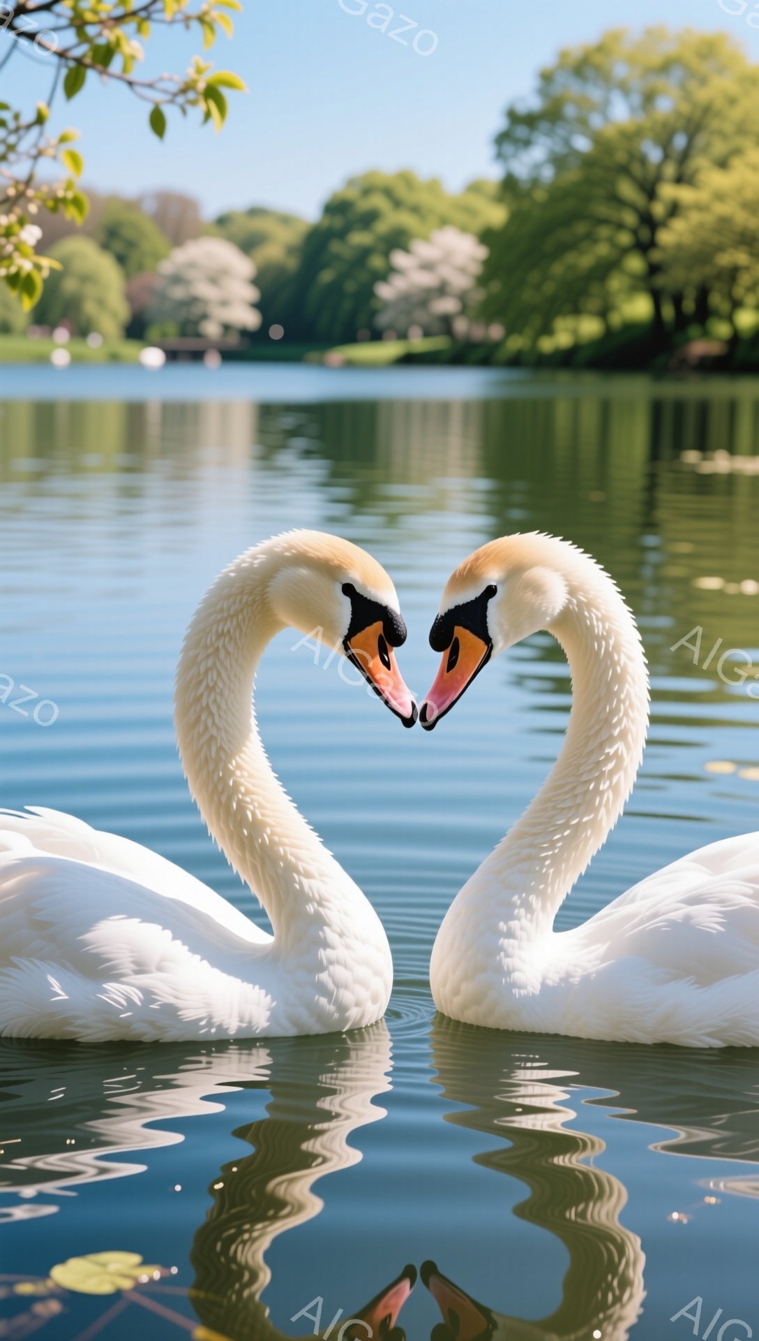 白鳥が水中で向き合い、心臓のような形を作っています。穏やかな水面には鳥の姿が映り込み、背景には緑豊かな木々が見えます。平和でロマンチックな雰囲気を感じさせます。