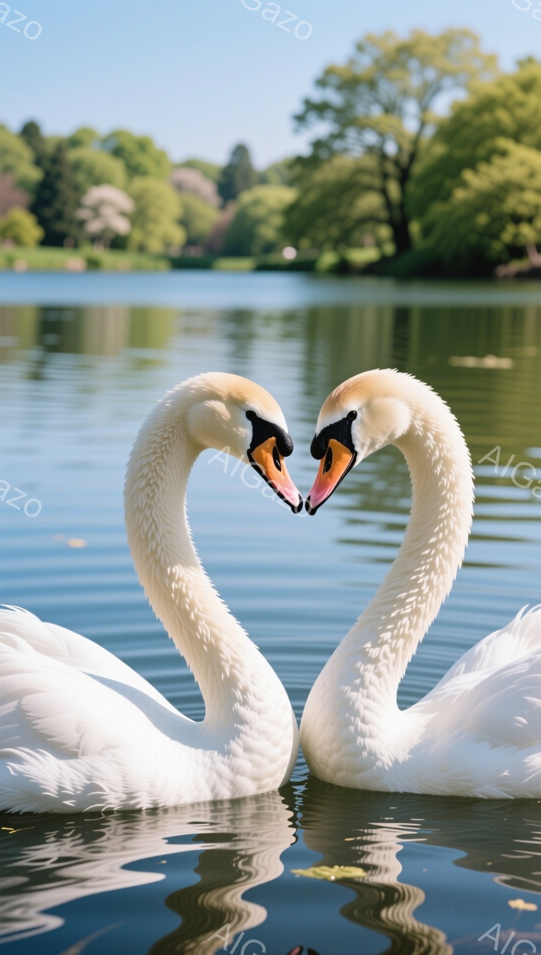 白い2羽の白鳥が水中でハートの形を作っています。穏やかな水面が鳥たちの姿を美しく映し出し、背景には緑豊かな木々が広がっています。平和でロマンチックな雰囲気の光景です。