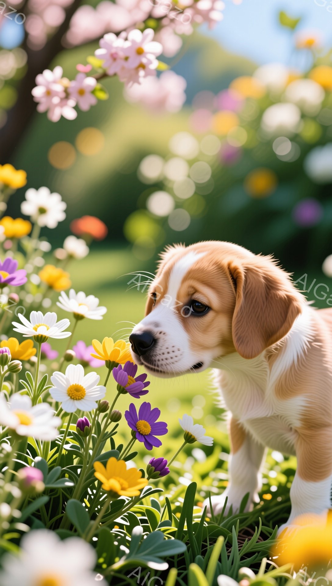 鮮やかな野原で、子犬が花の間を覗き見ている。子犬は茶色と白の毛並みで、好奇心に満ちた表情を浮かべている。背景には緑豊かな草地と様々な色の花が咲き乱れ、暖かい春の日の雰囲気が漂う。 - AI生成フリー素材
