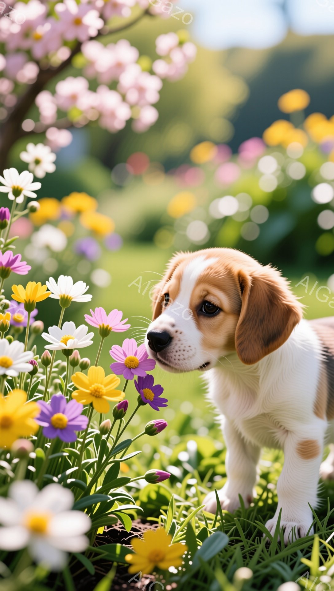 美しい花畑で、子犬が花を嗅いでいます。暖かく明るい日差しが、子犬の毛並みを照らし、穏やかな雰囲気が漂っています。周りには様々な色の花が咲き乱れ、春の訪れを感じさせます。 - AI生成フリー素材