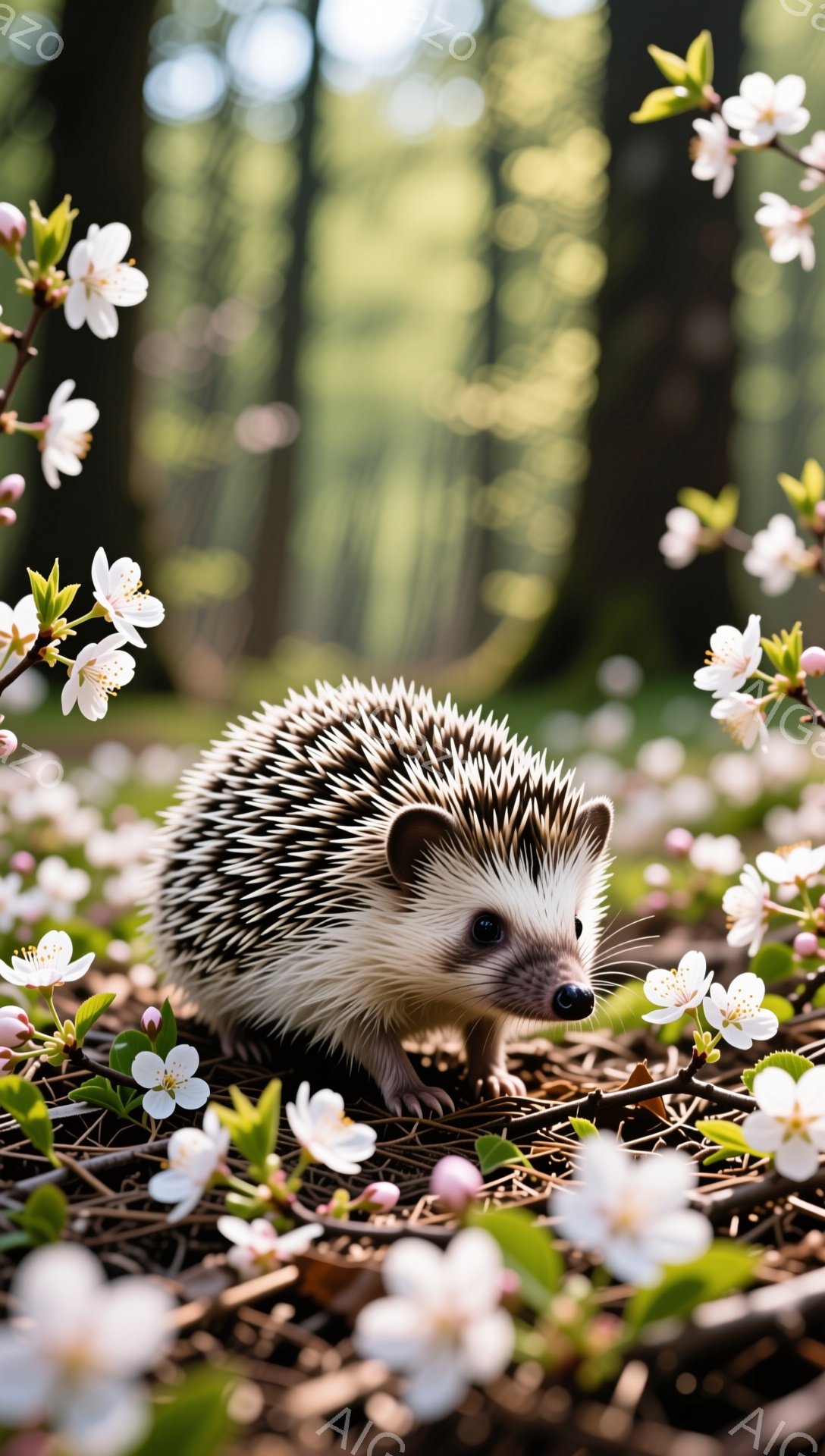 針葉樹の落ち葉と桜の花びらが敷き詰められた地面を、可愛らしいハリネズミが歩いている。ハリネズミは小さな体で花びらの絨毯を駆け抜け、春の訪れを感じさせる穏やかな光景だ。背景にはぼやけた桜の木が写り、暖かく優しい雰囲気を醸し出している。