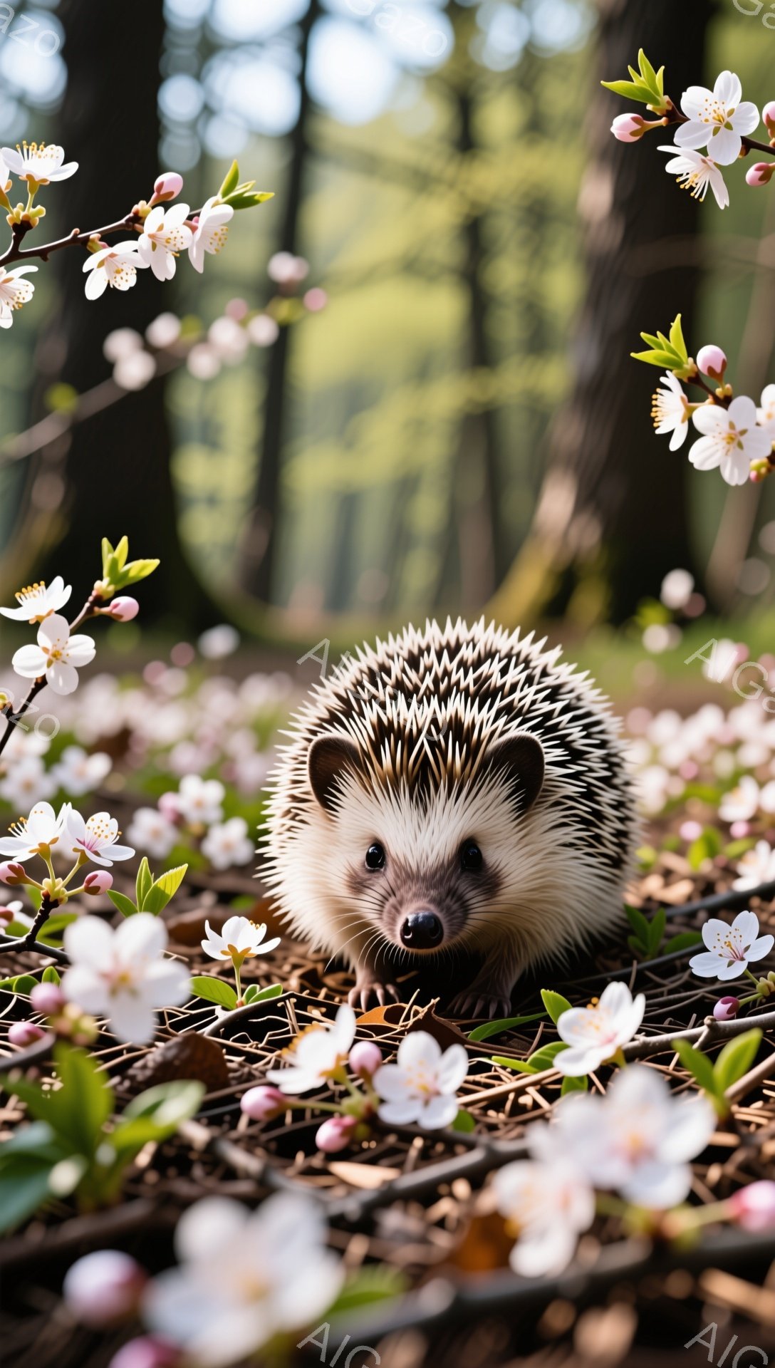 可愛らしいハリネズミが、桜の花びらで覆われた地面に佇んでいます。ピンク色の花びらが周囲に散りばめられ、春の穏やかな雰囲気を醸し出しています。少し不安げな表情で、こちらを見つめている様子が印象的です。 - AI生成フリー素材