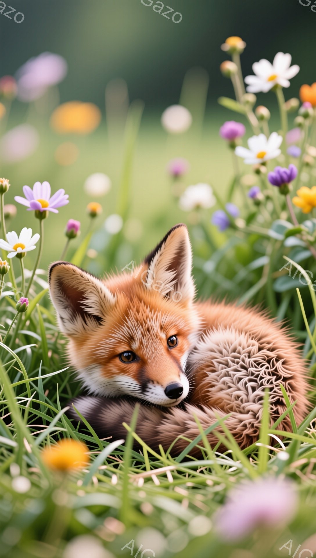 鮮やかな緑の草むらの中に、赤い毛並みのキツネが丸まって眠っている。周囲には紫や白の花が咲き乱れ、春の暖かい日差しがキツネを優しく照らしている。穏やかで平和な雰囲気が感じられる。 - AI生成フリー素材