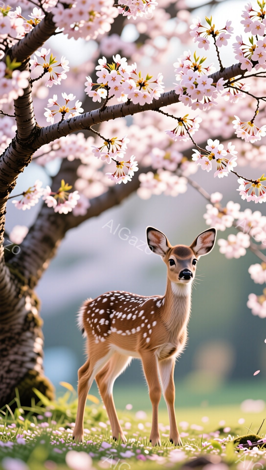 可憐な子鹿が桜の木の下に立っている。ピンク色の花びらが舞い散り、春の優しい雰囲気を醸し出している。子鹿は好奇心旺盛な表情でこちらを見つめている。 - AI生成フリー素材