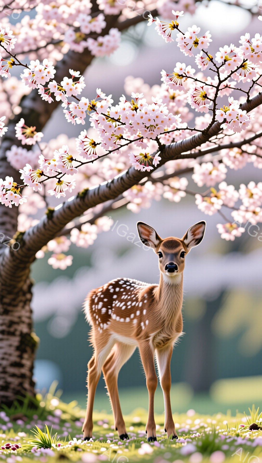 可憐な子鹿が桜の木の下に立っている。周りには桜の花びらが舞い散り、春の穏やかな雰囲気が漂っている。子鹿は好奇心旺盛な表情でこちらを見ている。 - AI生成フリー素材
