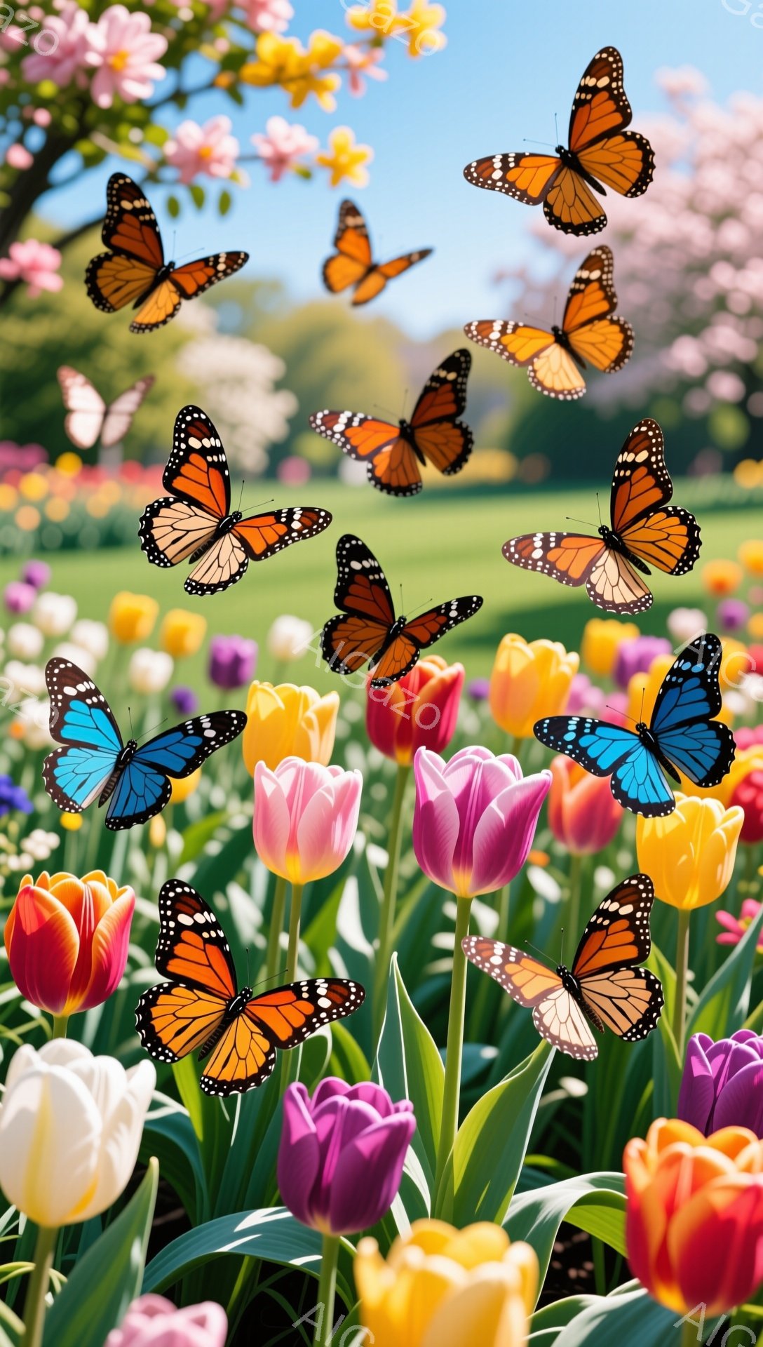 色とりどりのチューリップが咲き乱れる花壇を、複数の蝶が舞っている。空は青く晴れ渡り、背景には緑豊かな風景が広がり、春の暖かく穏やかな雰囲気が感じられる。蝶はオレンジや青など様々な色で、花々と調和してい - AI生成フリー素材