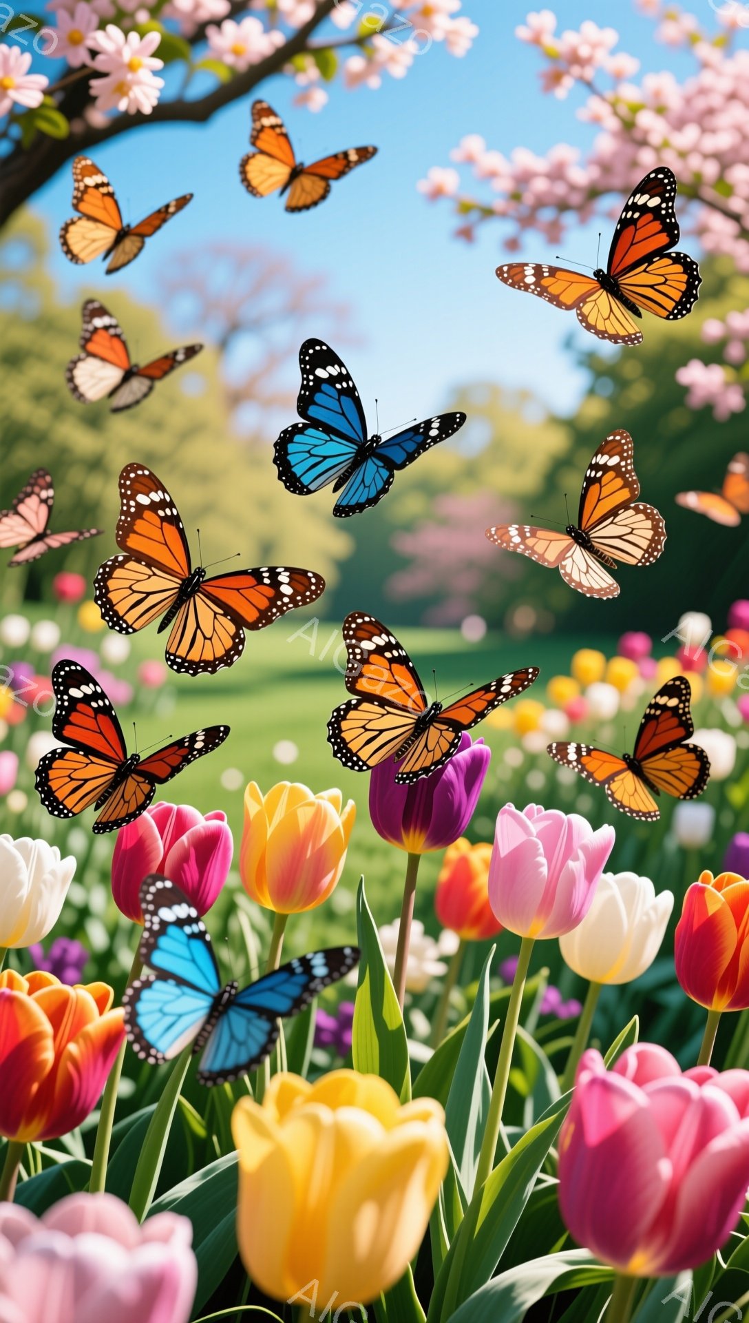 色とりどりのチューリップが咲き誇り、その周りをたくさんの蝶が舞っている美しい風景です。空は青く、背景には桜の木が見え、春の暖かさと穏やかな雰囲気が伝わってきます。蝶の色も様々で、鮮やかな色彩が花々と調 - AI生成フリー素材