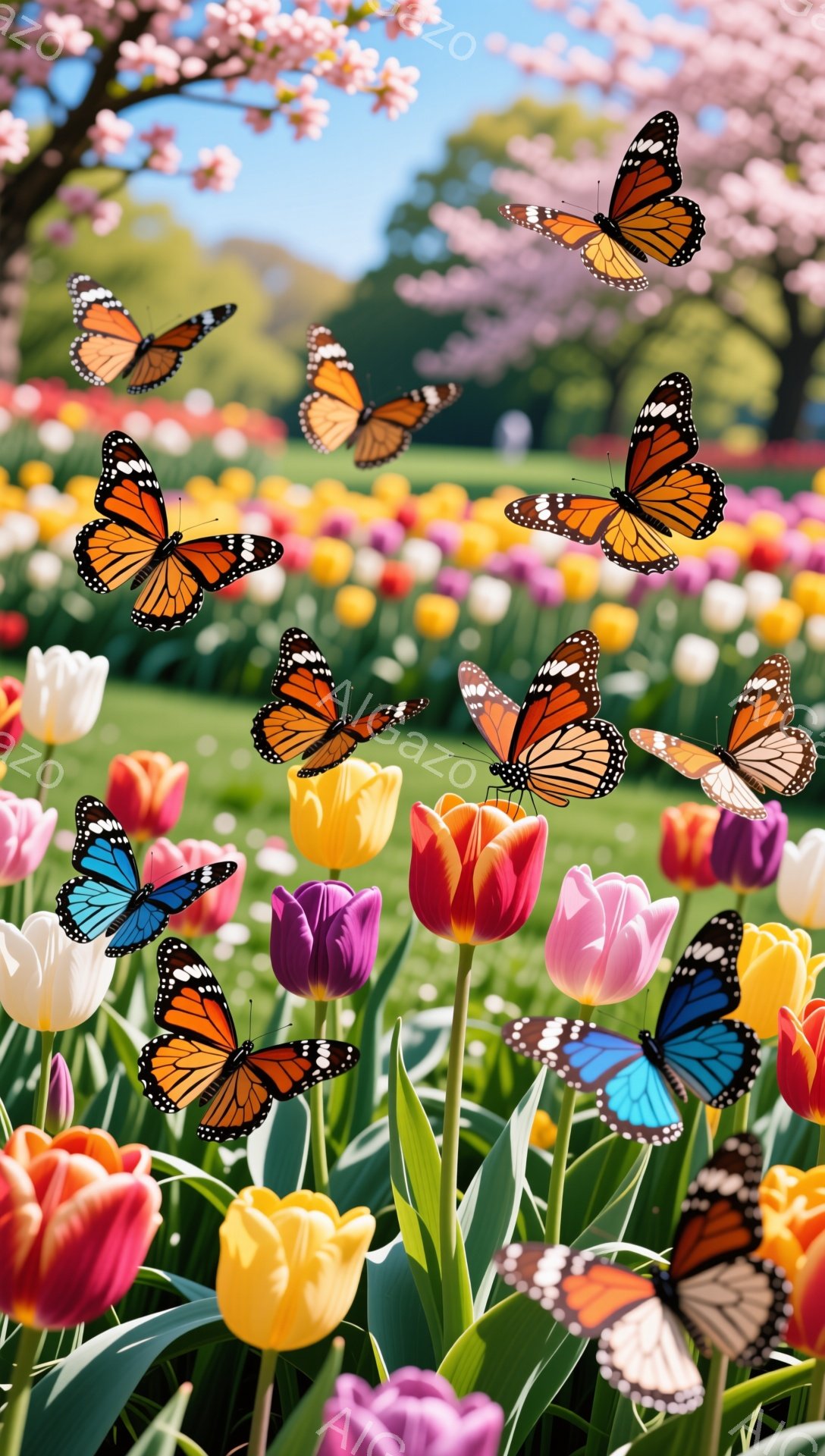 色とりどりのチューリップが咲き乱れる美しい庭園で、多くの蝶が舞っている。背景には桜の木があり、春の暖かく穏やかな雰囲気が漂っている。花々と蝶のコントラストが鮮やかで、見る人を魅了する。 - AI生成フリー素材