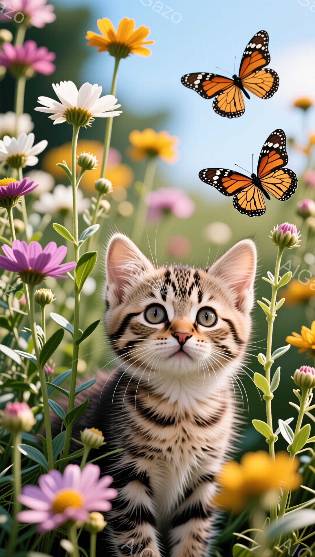 可憐な子猫が色とりどりの花の間でこちらを見つめています。背景は緑豊かで、蝶が舞い、暖かい春の雰囲気が伝わってきます。子猫の大きな瞳と優しい表情が印象的です。 - AI生成フリー素材