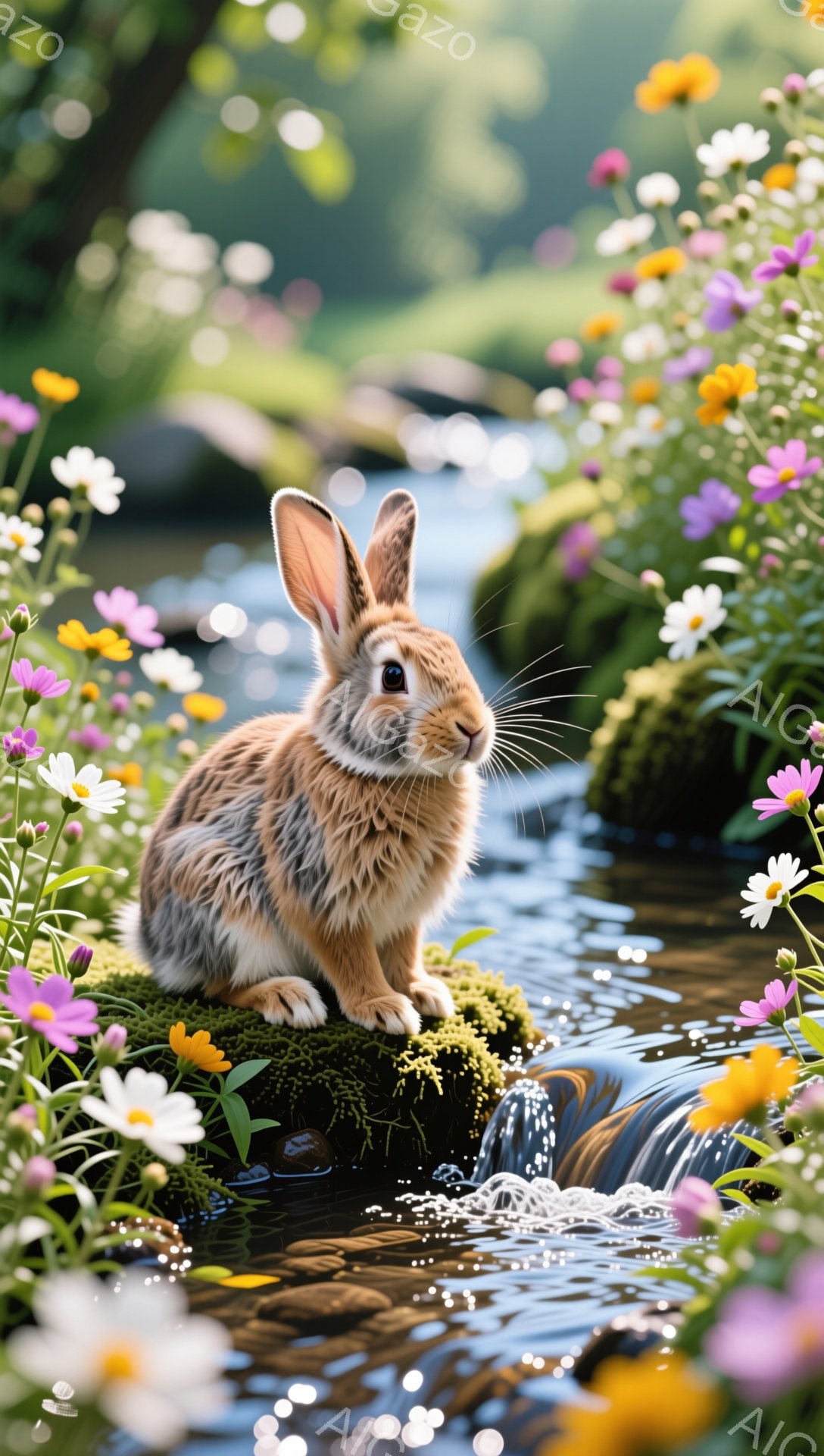 可愛らしい茶色のウサギが、緑色の苔の上に座ってこちらを見ています。周りには色とりどりの花が咲き乱れ、背景には水流が見え、穏やかで平和な雰囲気が漂っています。自然に囲まれた静かな一瞬を捉えた、魅力的な写真です。