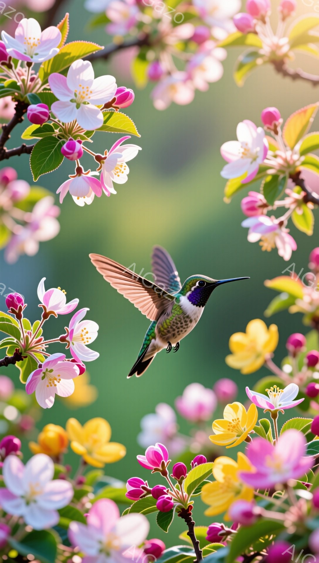 桜の木の下を、緑と青の鮮やかな色彩を持つハチドリが舞っている。周りにはピンクや黄色の花が咲き乱れ、春の暖かさと生命力に満ちた雰囲気を作り出している。背景はぼかされており、ハチドリと花の美しさが際立って - AI生成フリー素材