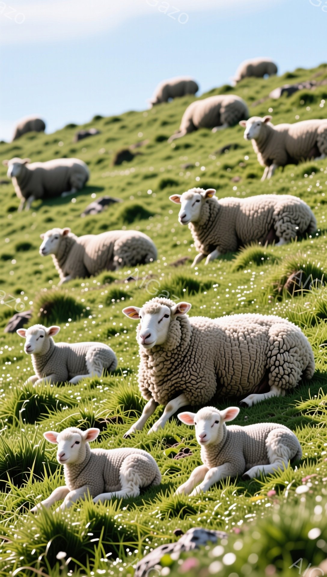 緑の丘にたくさんのヒツジが横たわっている。ヒツジたちはゆったりと草を食んだり、休んだりしている様子で、穏やかな雰囲気が漂っている。背景には青い空と遠くの風景が見える。