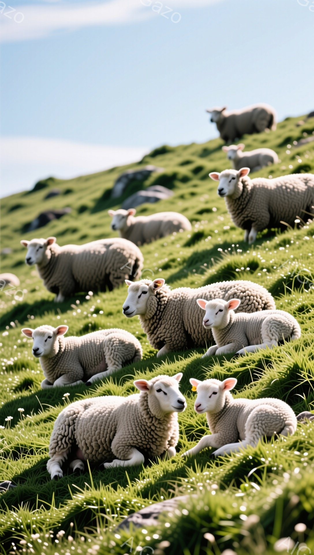 緑の丘に羊の群れがリラックスして横たわっています。一部の羊はカメラ目線で、穏やかで平和な雰囲気が漂っています。背景にはさらに多くの羊と、穏やかな空が広がっています。
