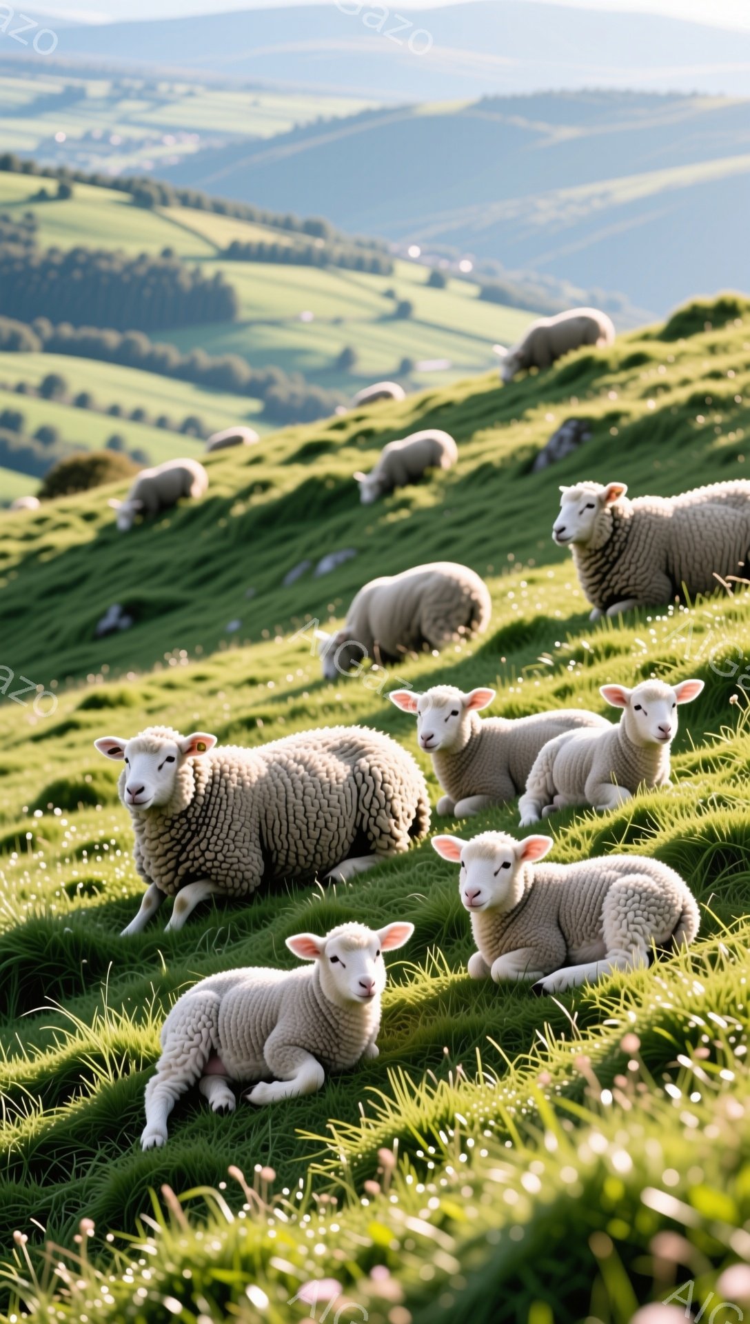 牧草地でたくさんのヒツジが横たわってリラックスしています。緑豊かな丘と遠くの山々が背景に広がっています。穏やかで平和な雰囲気で、日差しが暖かく、動物たちの毛並みを照らしています。
