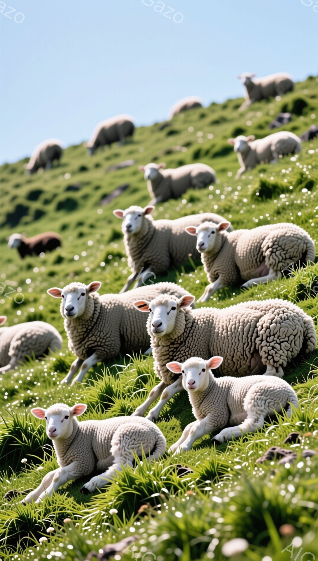 緑豊かな丘の上で、多くの羊がリラックスして横たわっています。陽光が差し込み、穏やかで平和な雰囲気を醸し出しています。羊たちは白い毛並みを持ち、のどかな田園風景の中に溶け込んでいます。