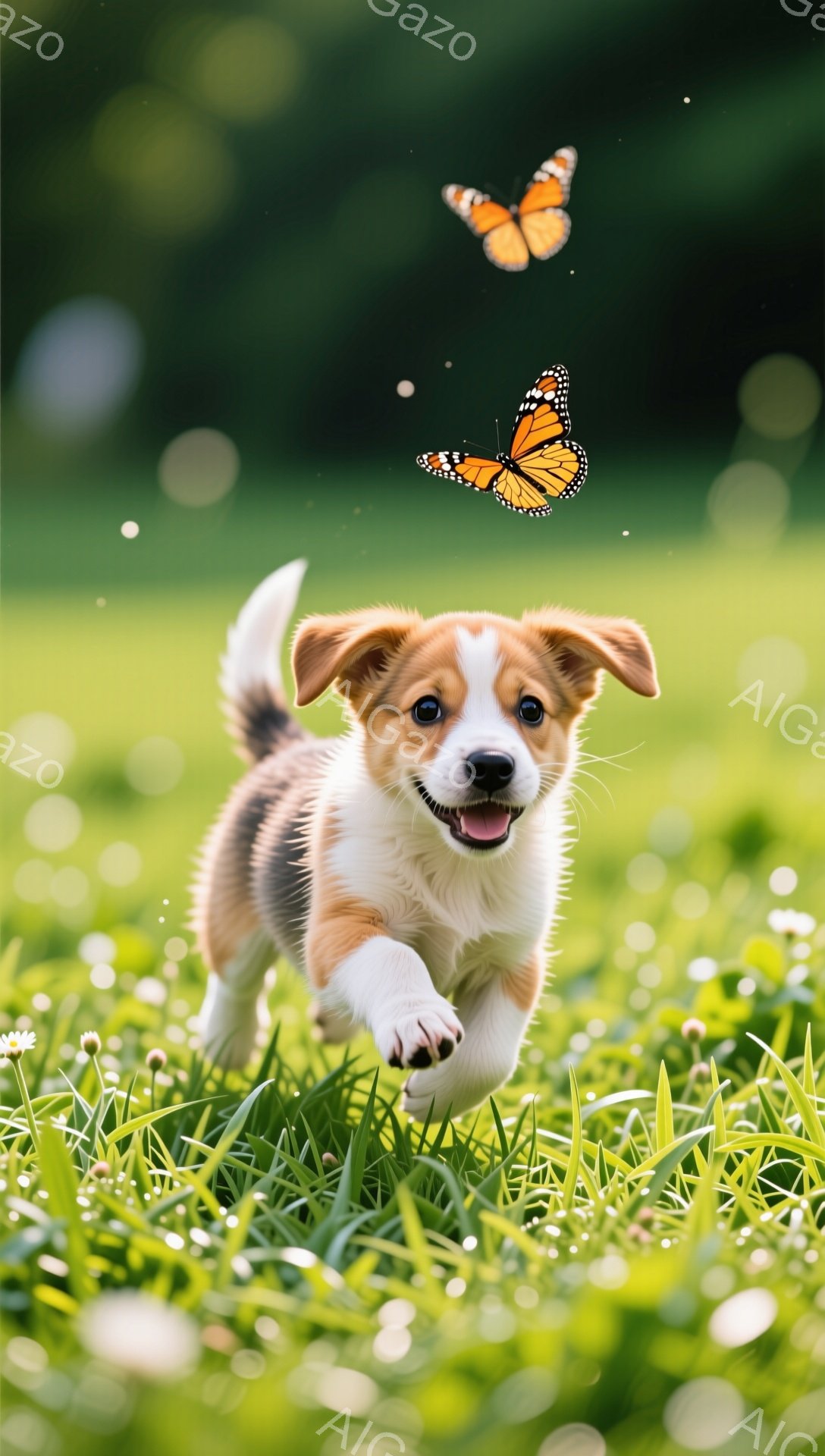 明るい緑の草の上をコーギーの子犬が走り回っている。蝶が近くを舞い、子犬は嬉しそうに口を開けている。柔らかい光が差し込み、のどかで幸せな雰囲気である。